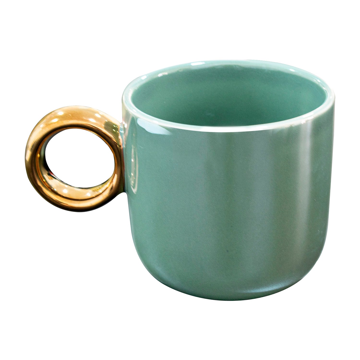 Taza Cerámica 250 ml - Verde Menta con Asa Redonda Dorada