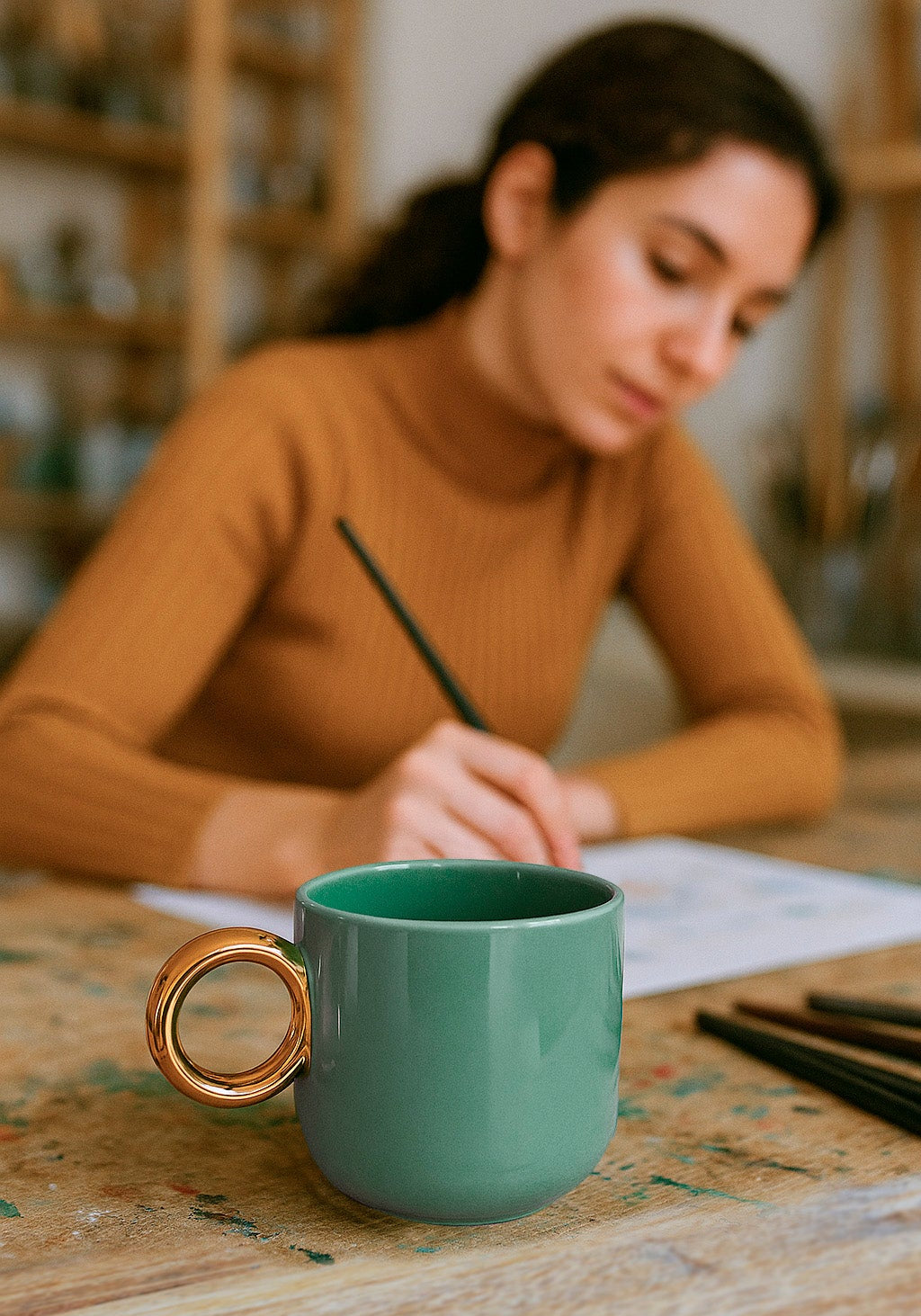 Taza Cerámica 250 ml - Verde Menta con Asa Redonda Dorada