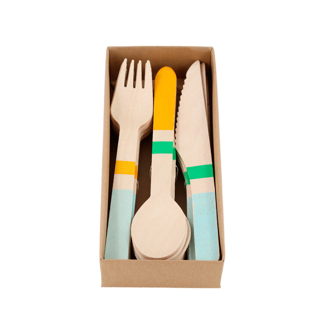 Set de Cubiertos de Madera para Fiesta Azul Verde - 24 Piezas