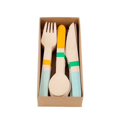 Set de Cubiertos de Madera para Fiesta Azul Verde - 24 Piezas