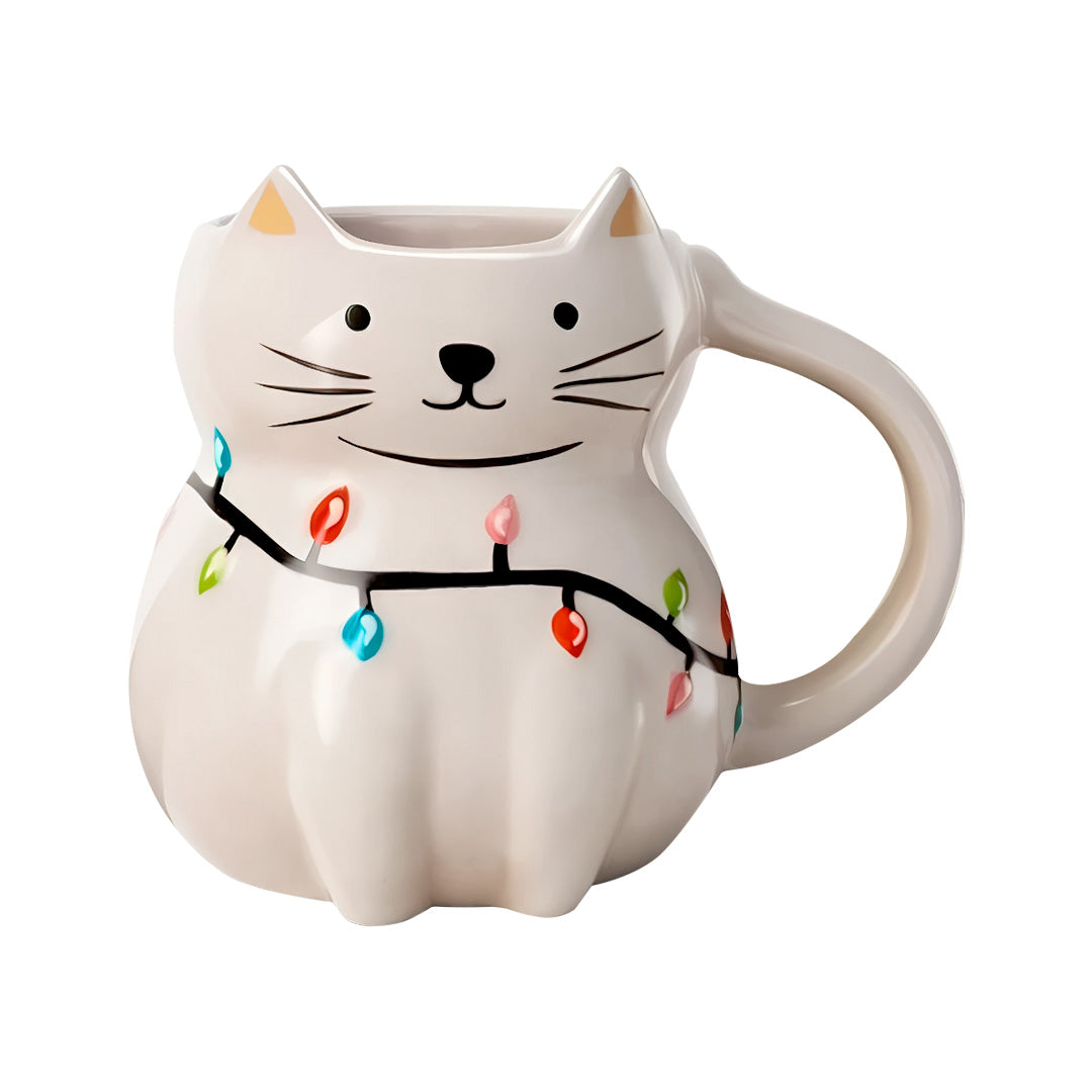 Taza Gato Luces Navideñas - Cerámica 470 ml.