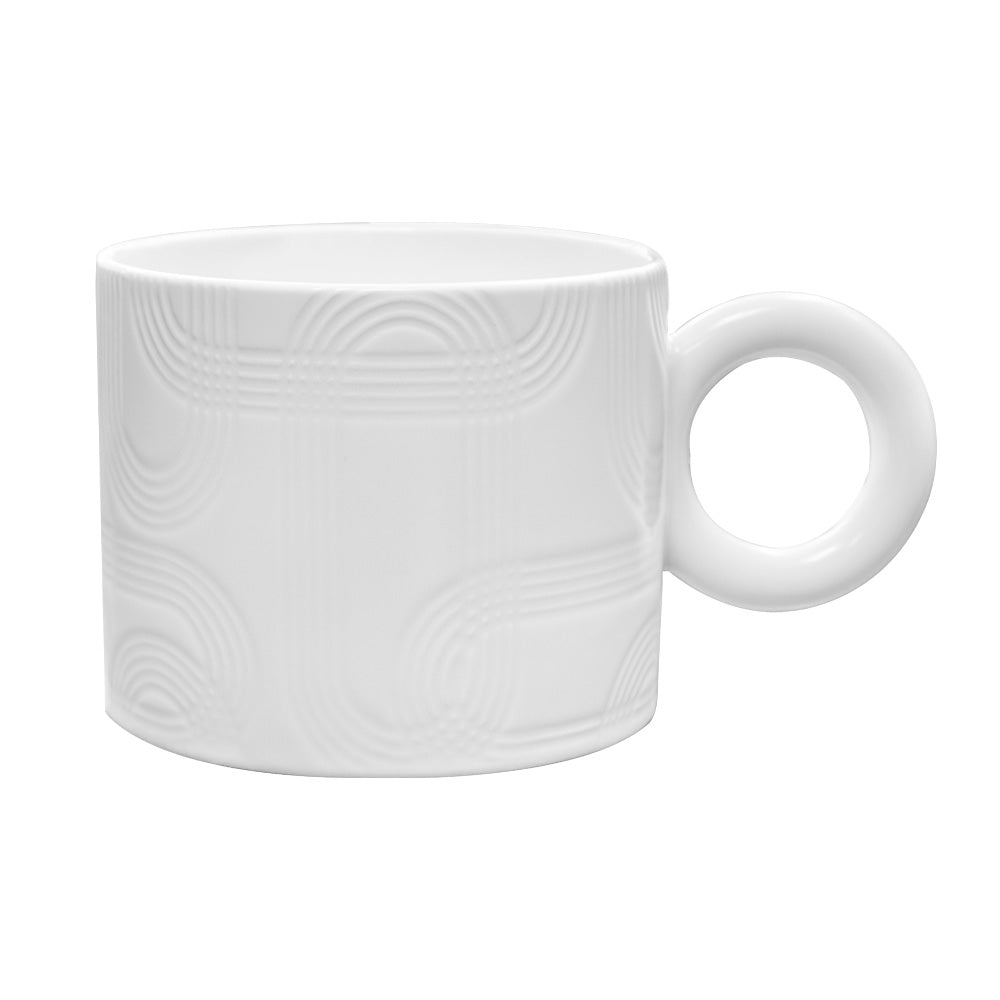 Taza de Cerámica Blanca - 350 ml Textura Geométrica y Asa de Anillo