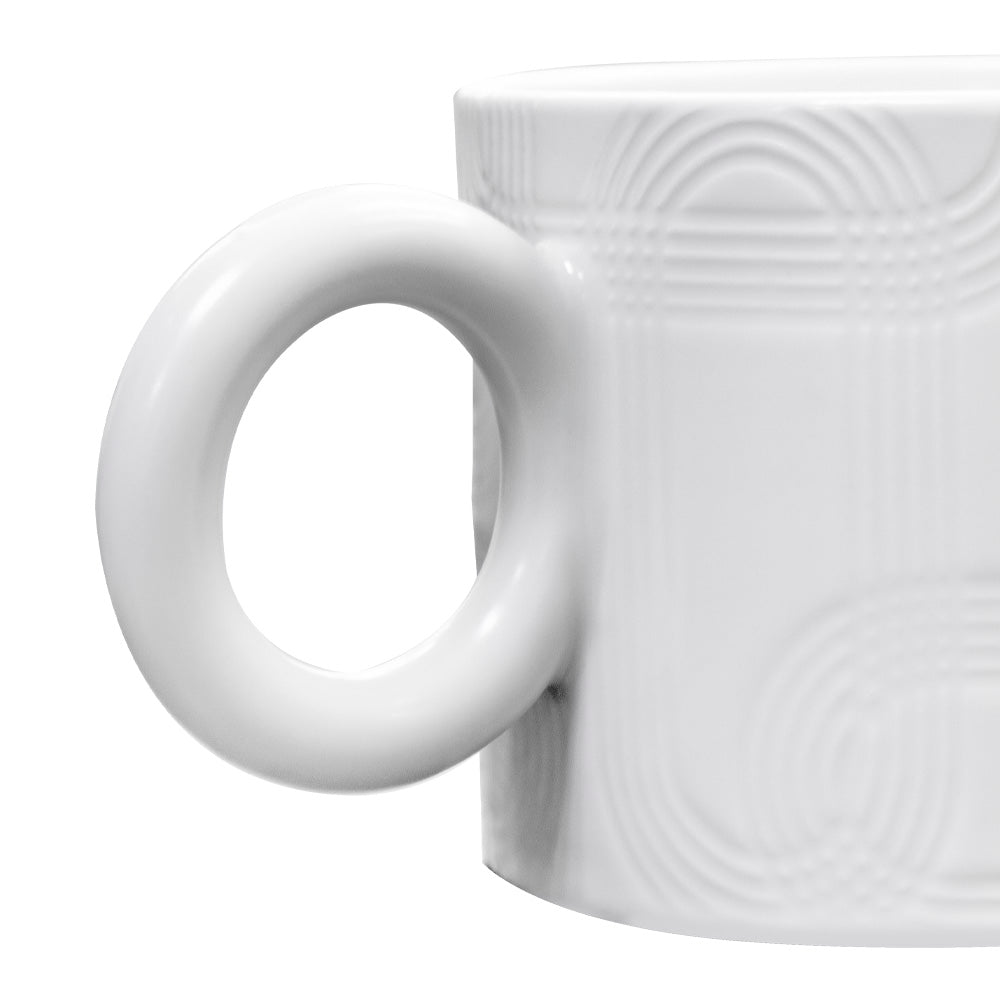 Taza de Cerámica Blanca - 350 ml Textura Geométrica y Asa de Anillo
