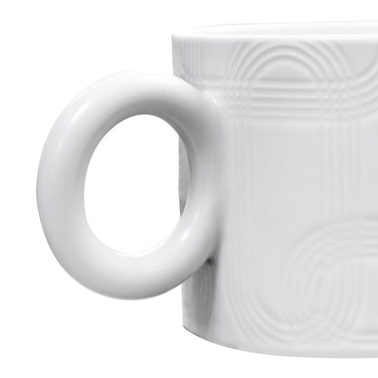 Taza de Cerámica Blanca - 350 ml Textura Geométrica y Asa de Anillo