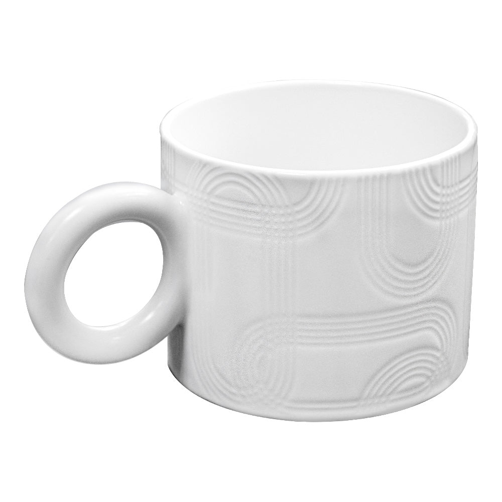 Taza de Cerámica Blanca - 350 ml Textura Geométrica y Asa de Anillo
