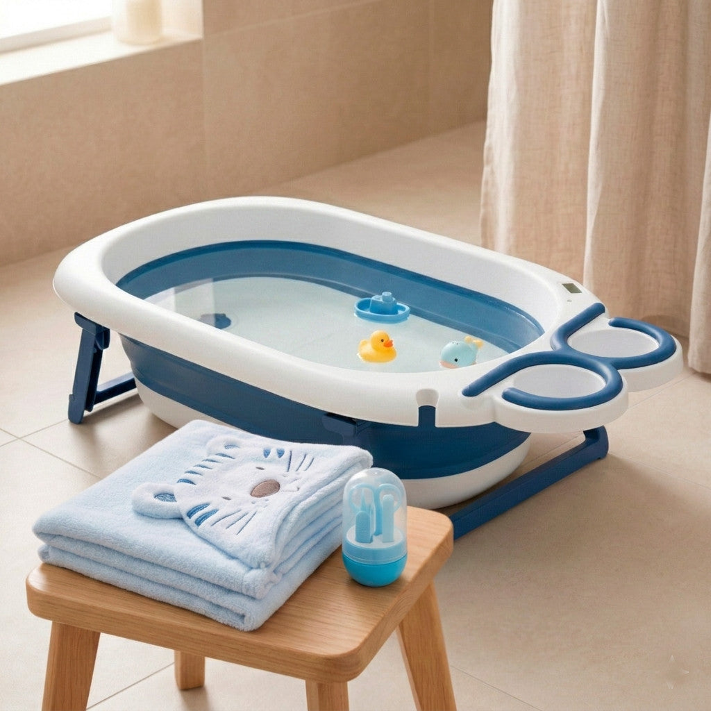Bañera Plegable para Bebé Azul con Termómetro Digital