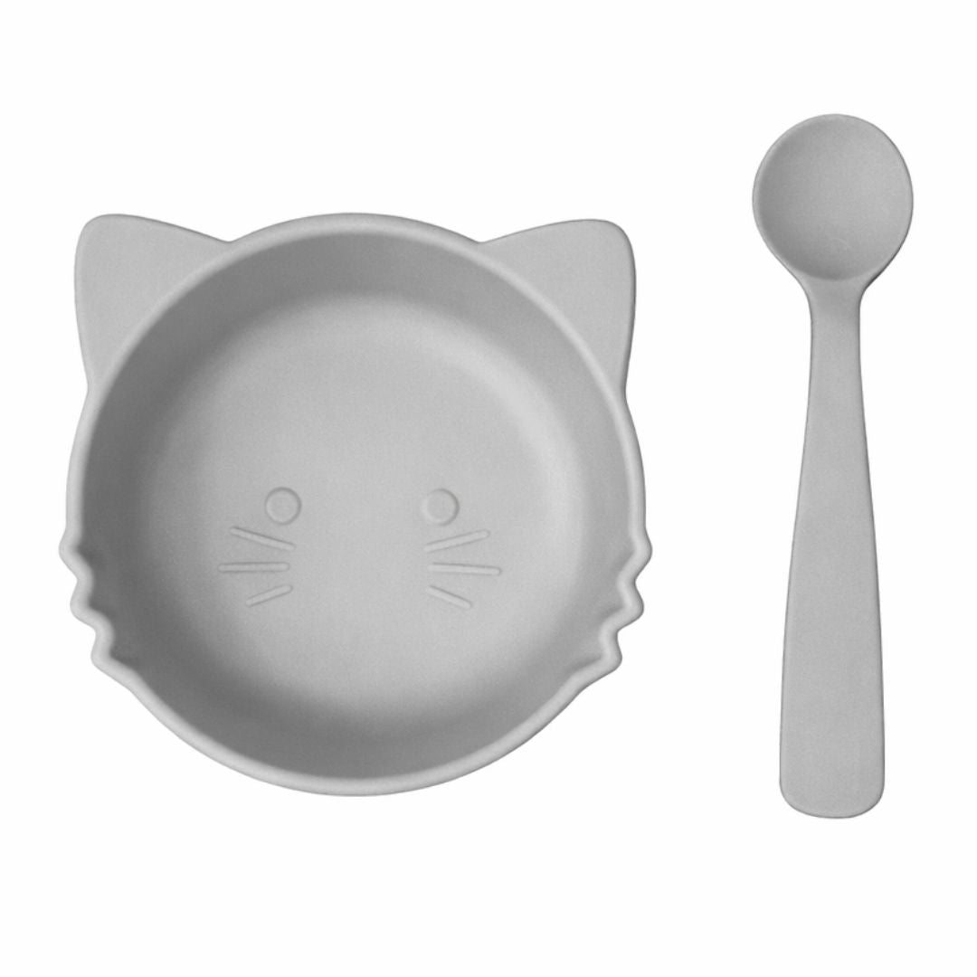 Plato para Bebé de Silicona Gato y Cuchara - Color Gris