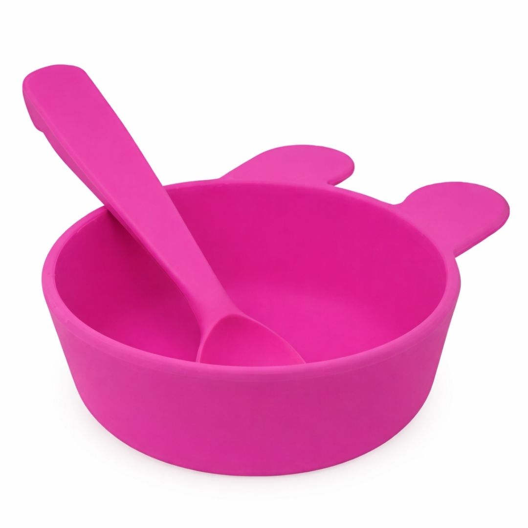 Plato para Bebé de Silicona con Tenedor – Color Rosa