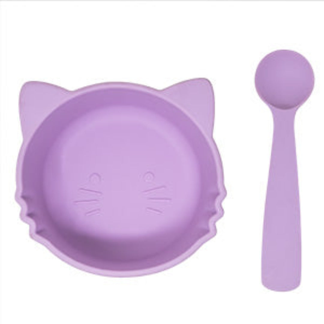 Plato para Bebé de Silicona con Cuchara Gato - Color Morado
