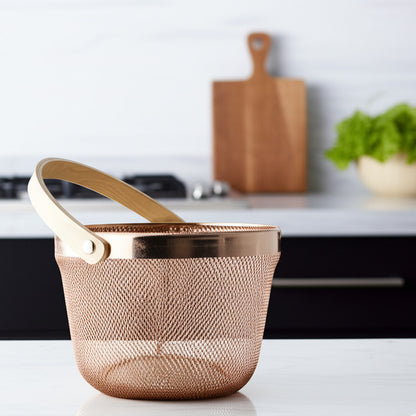 Cesta Metálica Oro Rosa Asa De bambú - Redonda