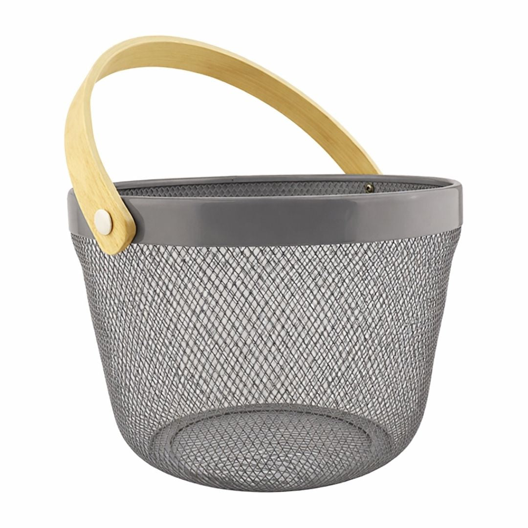 Cesta Metálica Gris Asa De bambú - Redonda