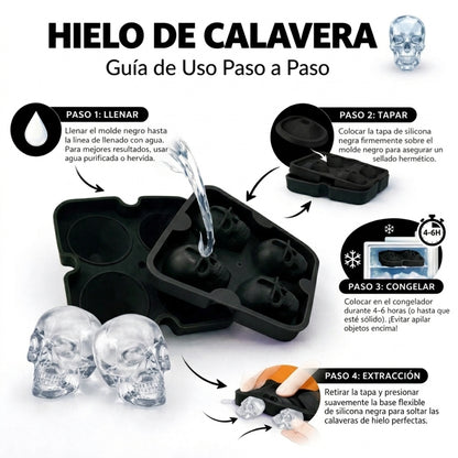 Bandeja de Hielo Calavera 3D Negra 4 Espacios