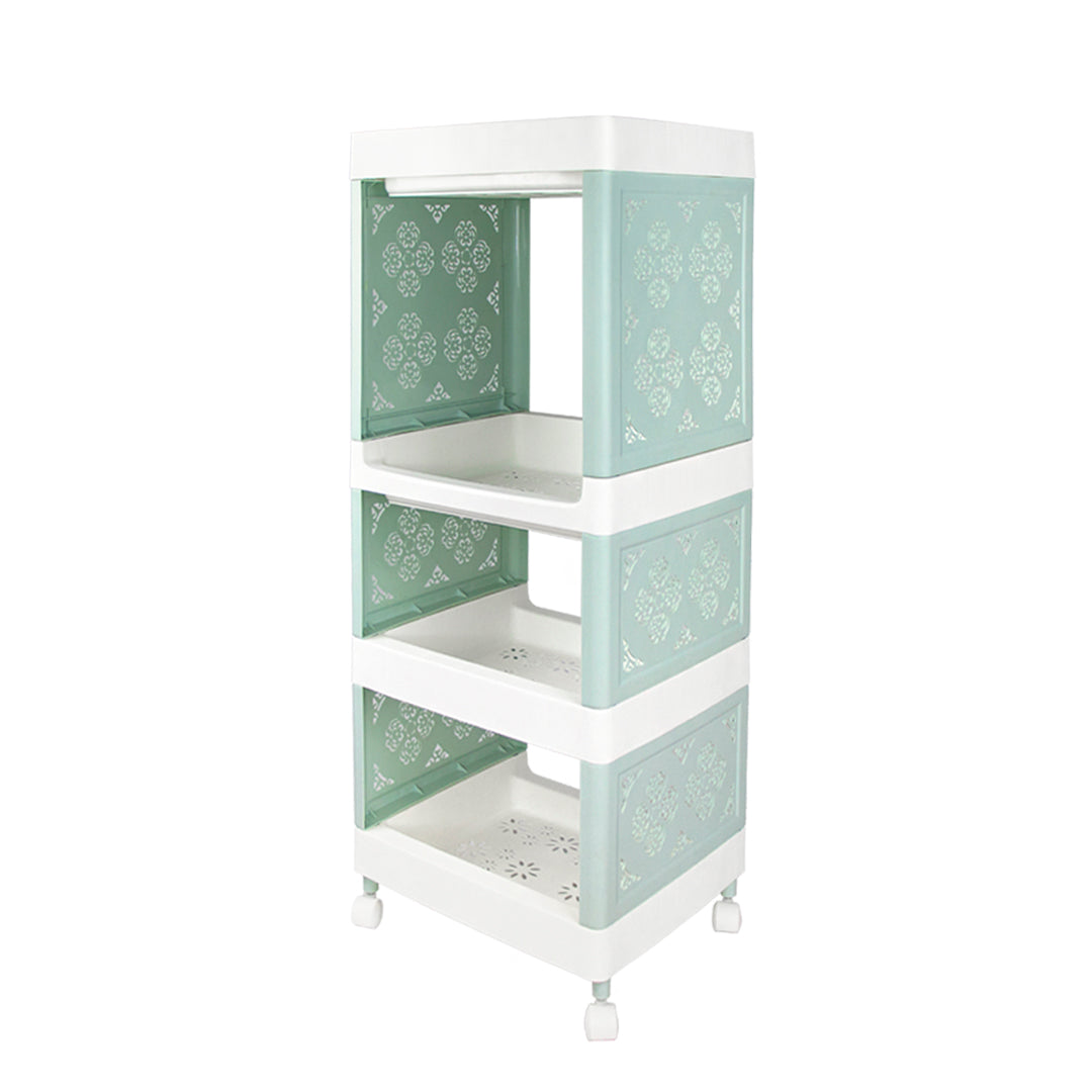 Carrito Organizador de 4 Estantes con Diseño y Ruedas, Color Verde con Blanco (77.5x36x30 cm)