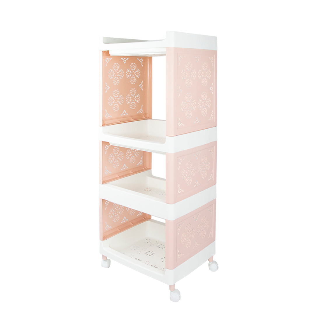 Carrito Organizador de 4 Estantes con Diseño y Ruedas, Color Rosa con Blanco (77.5x36x30 cm)