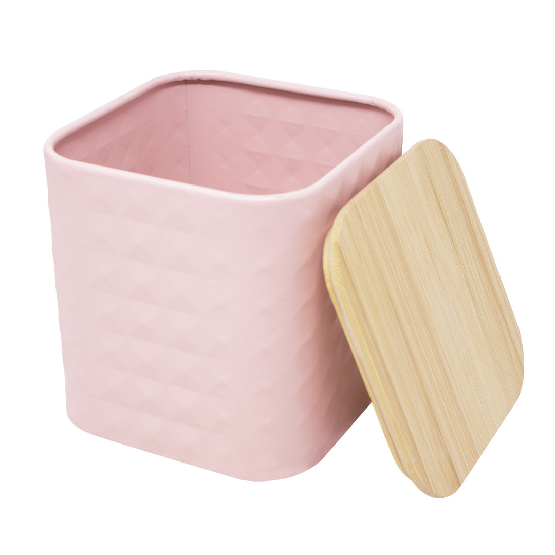 Contenedor Metálico Cuadrado Rosa con Tapa de Madera