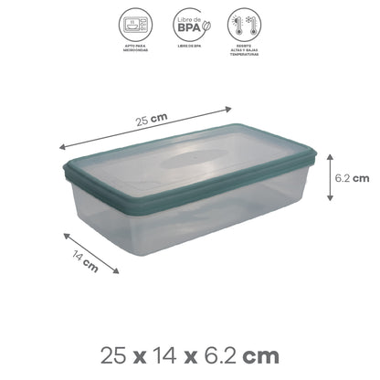 Contenedor para Comida Rectangular Transparente con Tapa Verde 1.5L