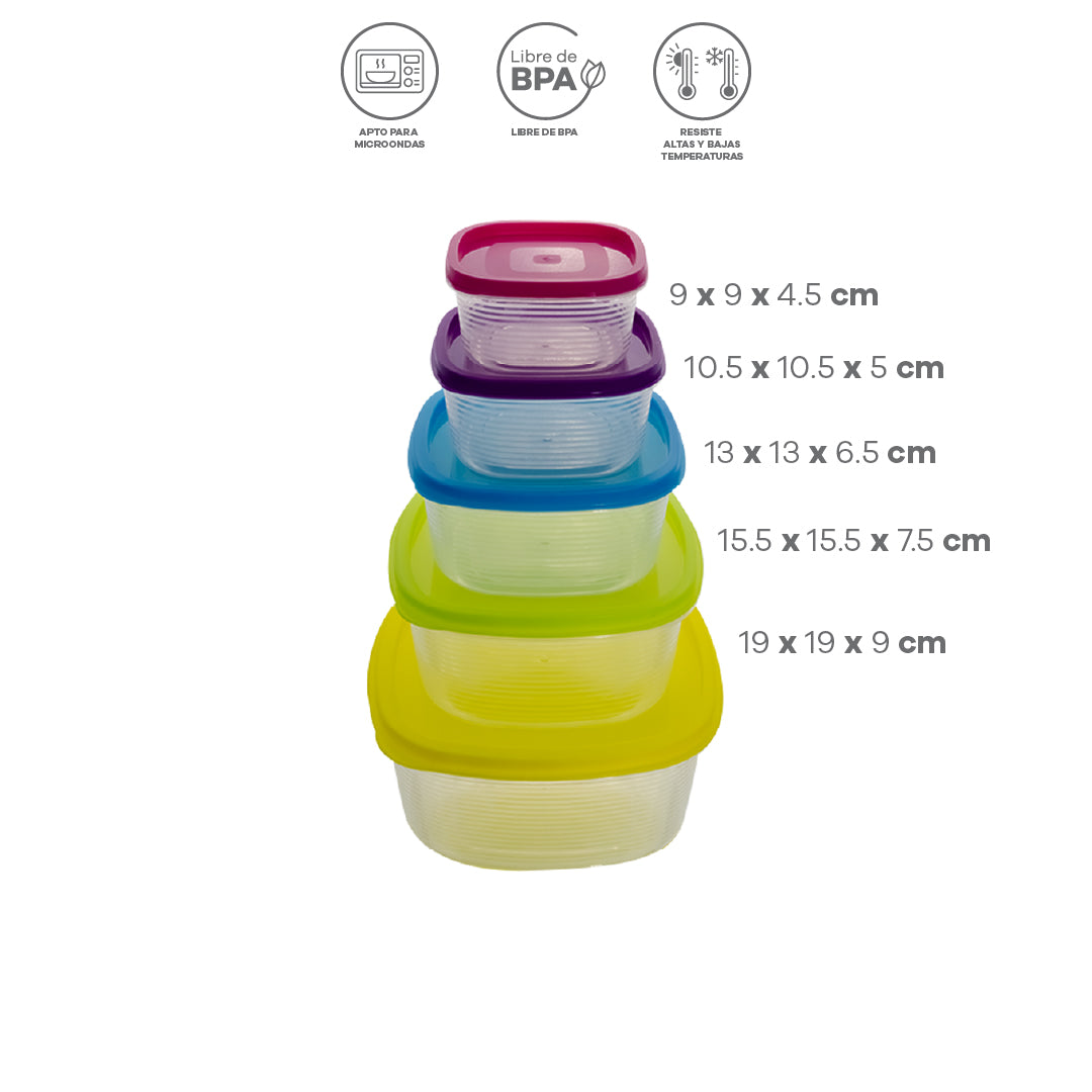 Set de 5 Contenedores Cuadrados con Tapas de Colores