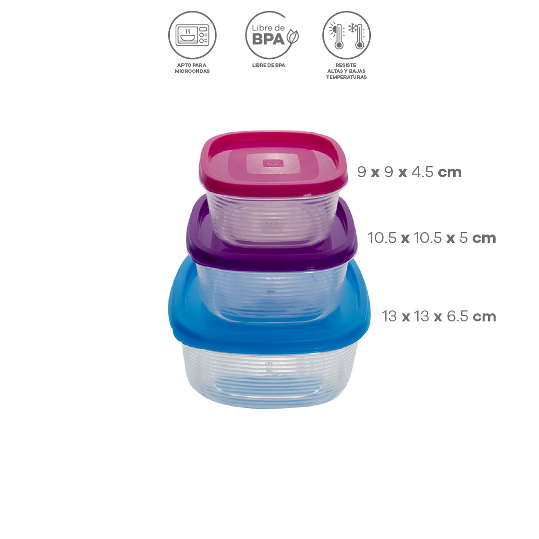 Set de 3 Contenedores Cuadrados con Tapas de Colores