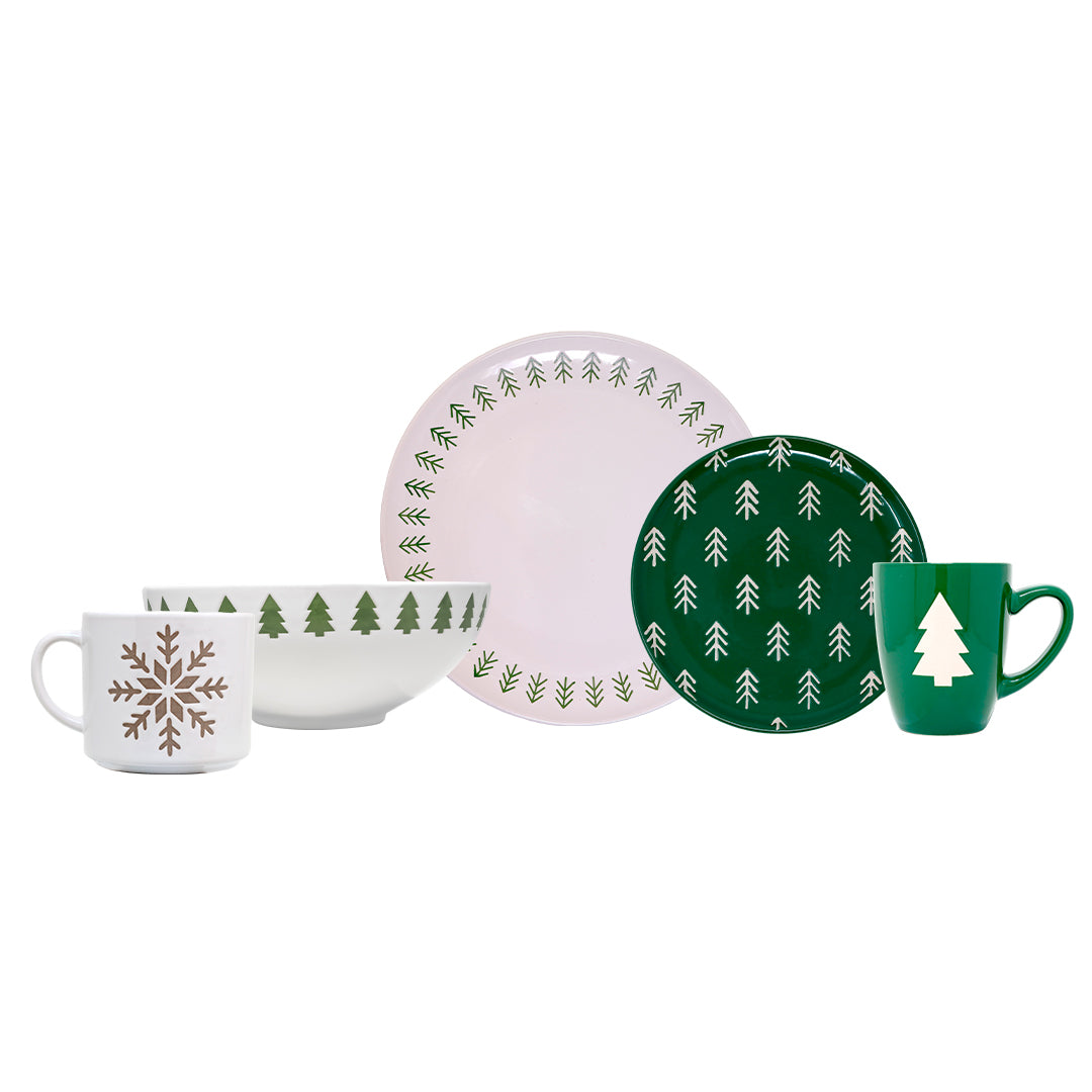 Vajilla Pinos Navidad Set Individual - Cerámica Verde 5 piezas
