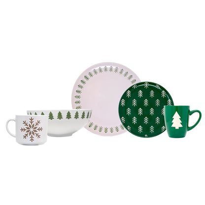 Vajilla Pinos Navidad Set Individual - Cerámica Verde 5 piezas