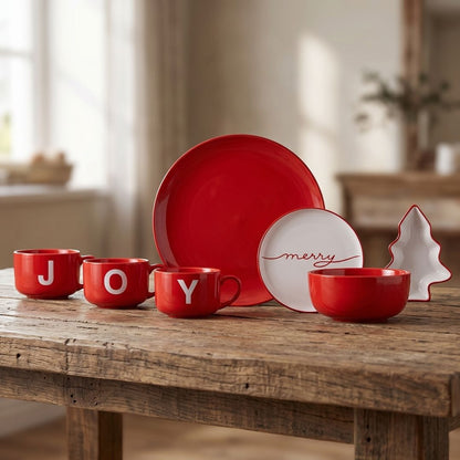 Vajilla Joy Navidad Set Individual - Cerámica Roja 7 piezas