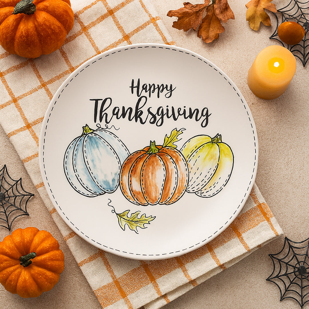 Plato de Cerámica "Happy Thanksgiving" con Calabazas