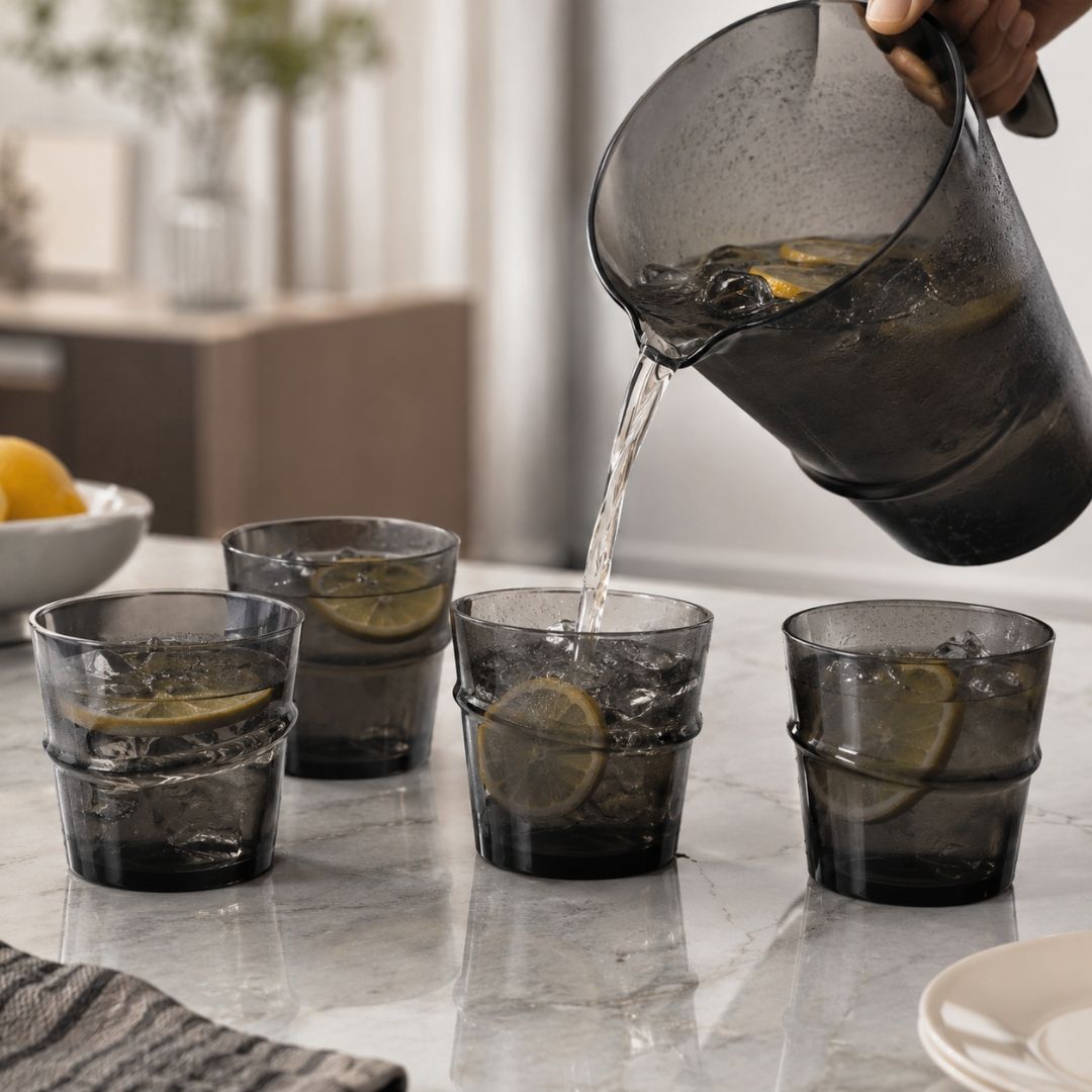 Set de Jarra Negra con 4 Vasos – Plástico Resistente