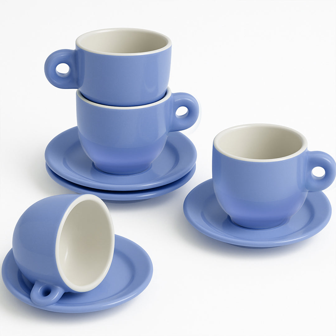 Set de 4 Tazas con Plato Cerámica - Azul 270 ml