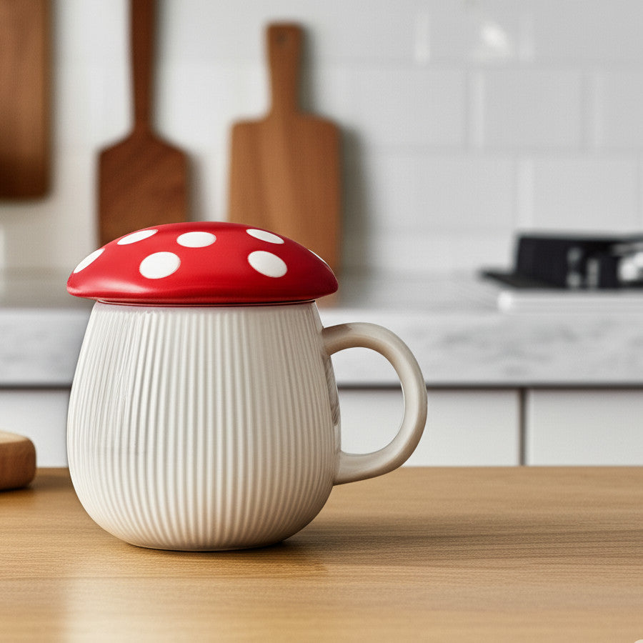 Taza de Cerámica con Tapa en Forma de Hongo Rojo