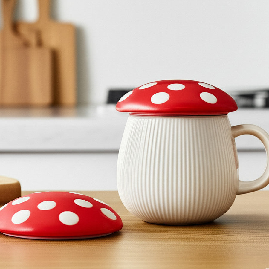 Taza de Cerámica con Tapa en Forma de Hongo Rojo