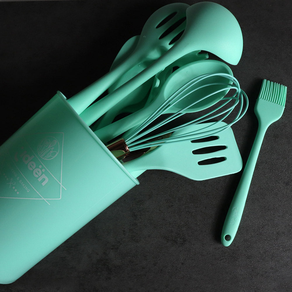 Juego de Utensilios de Cocina de Silicona con Soporte, Color Menta - 10 pzs