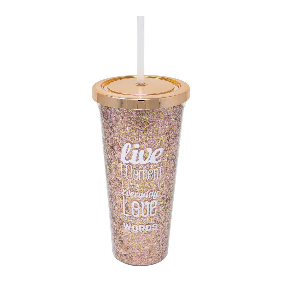 Vaso de Doble Pared con Glitter Dorado y Tapa Cromada - 710 ml