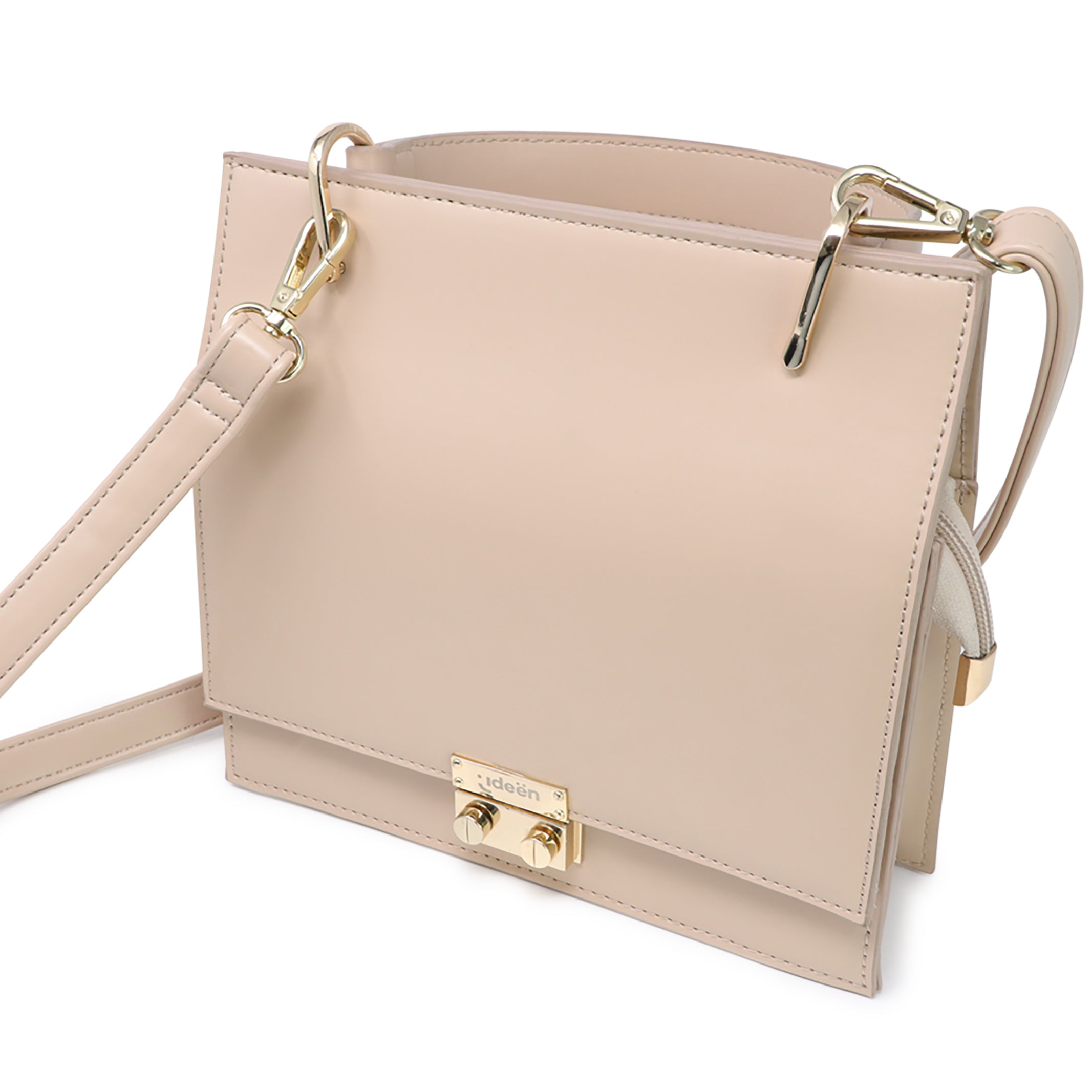 Bolso de Mano Elegante Beige con Cierre Dorado y Correa Desmontable
