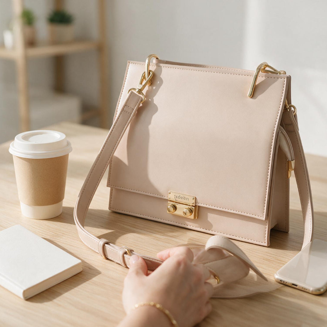 Bolso de Mano Elegante Beige con Cierre Dorado y Correa Desmontable