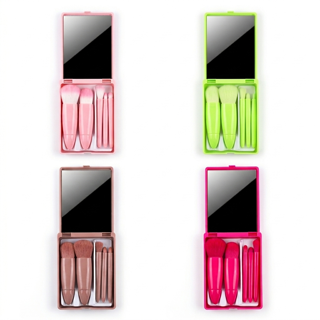 Set de Brochas de Maquillaje Portátil de 5 Piezas con Estuche y Espejo Variocolor