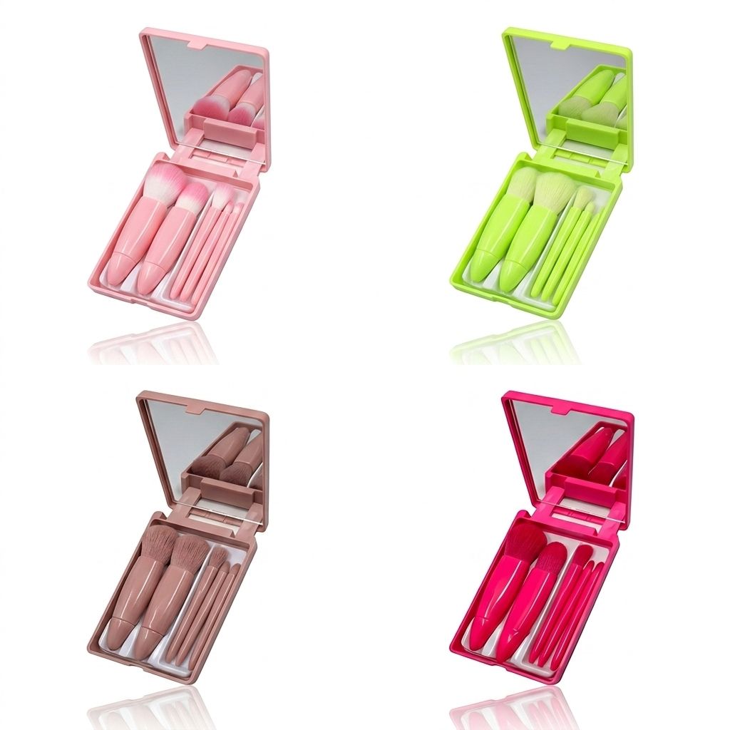 Set de Brochas de Maquillaje Portátil de 5 Piezas con Estuche y Espejo Variocolor