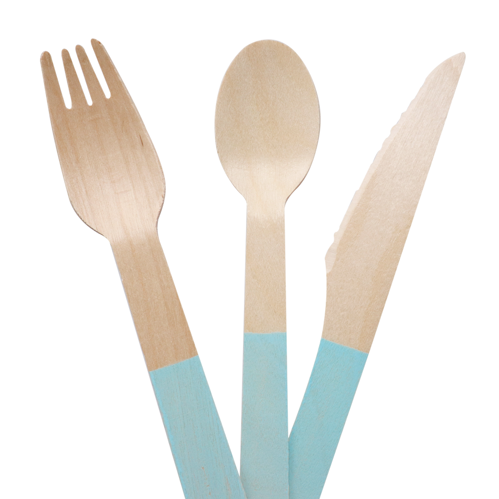 Set de Cubiertos de Madera para Fiesta Azul - 24 Piezas