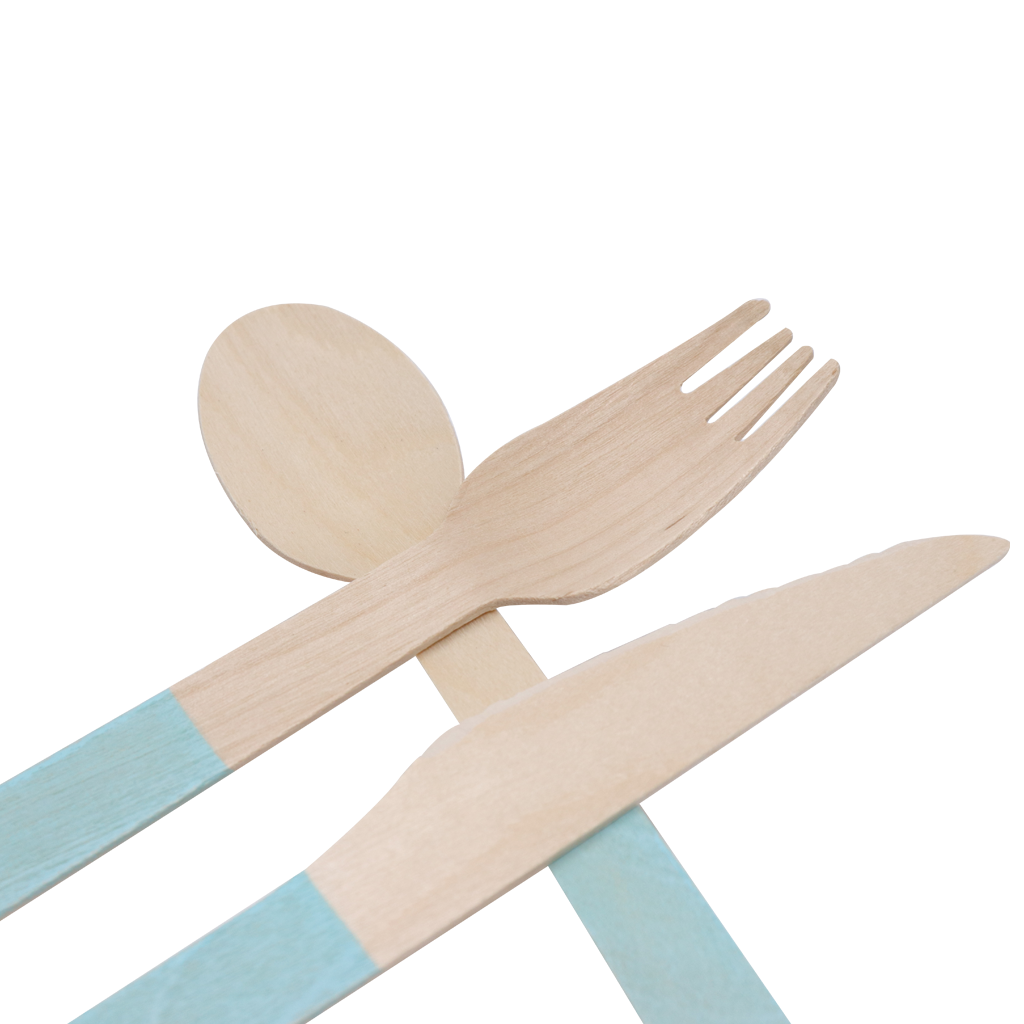Set de Cubiertos de Madera para Fiesta Azul - 24 Piezas