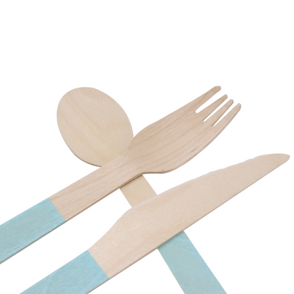 Set de Cubiertos de Madera para Fiesta Azul - 24 Piezas