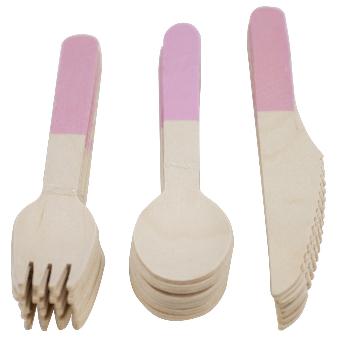 Set de Cubiertos de Madera para Fiesta Rosa - 24 Piezas