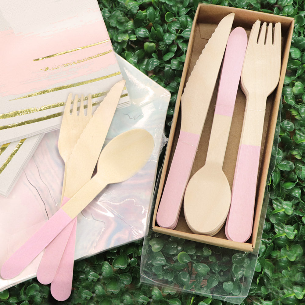 Set de Cubiertos de Madera para Fiesta Rosa - 24 Piezas