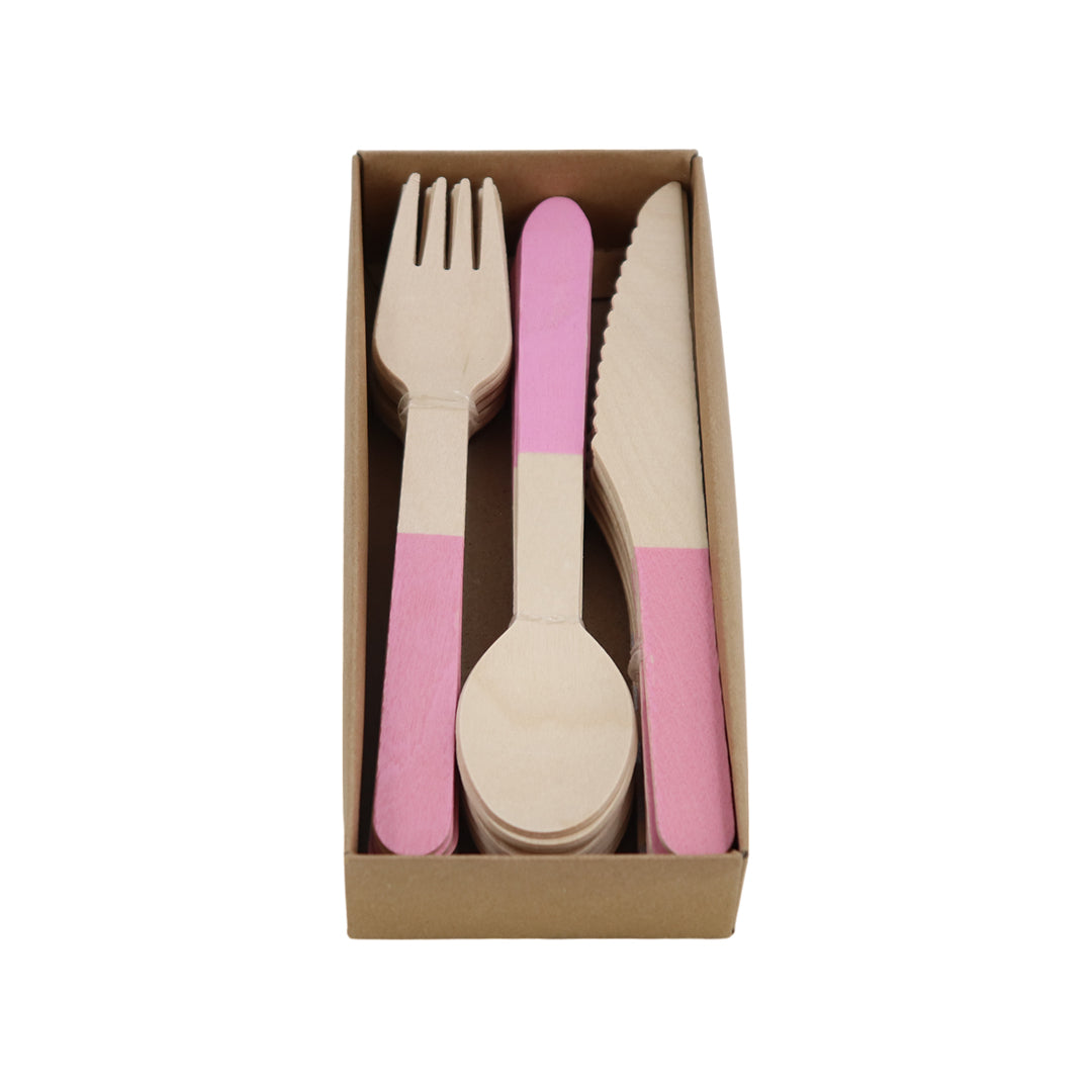 Set de Cubiertos de Madera para Fiesta Rosa - 24 Piezas