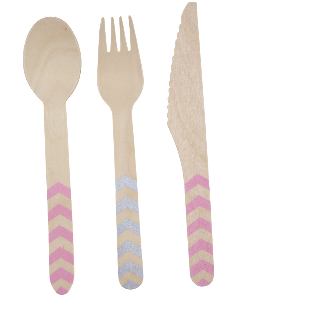 Set de Cubiertos de Madera para Fiesta Rosa Gris - 24 Piezas