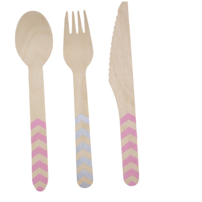 Set de Cubiertos de Madera para Fiesta Rosa Gris - 24 Piezas