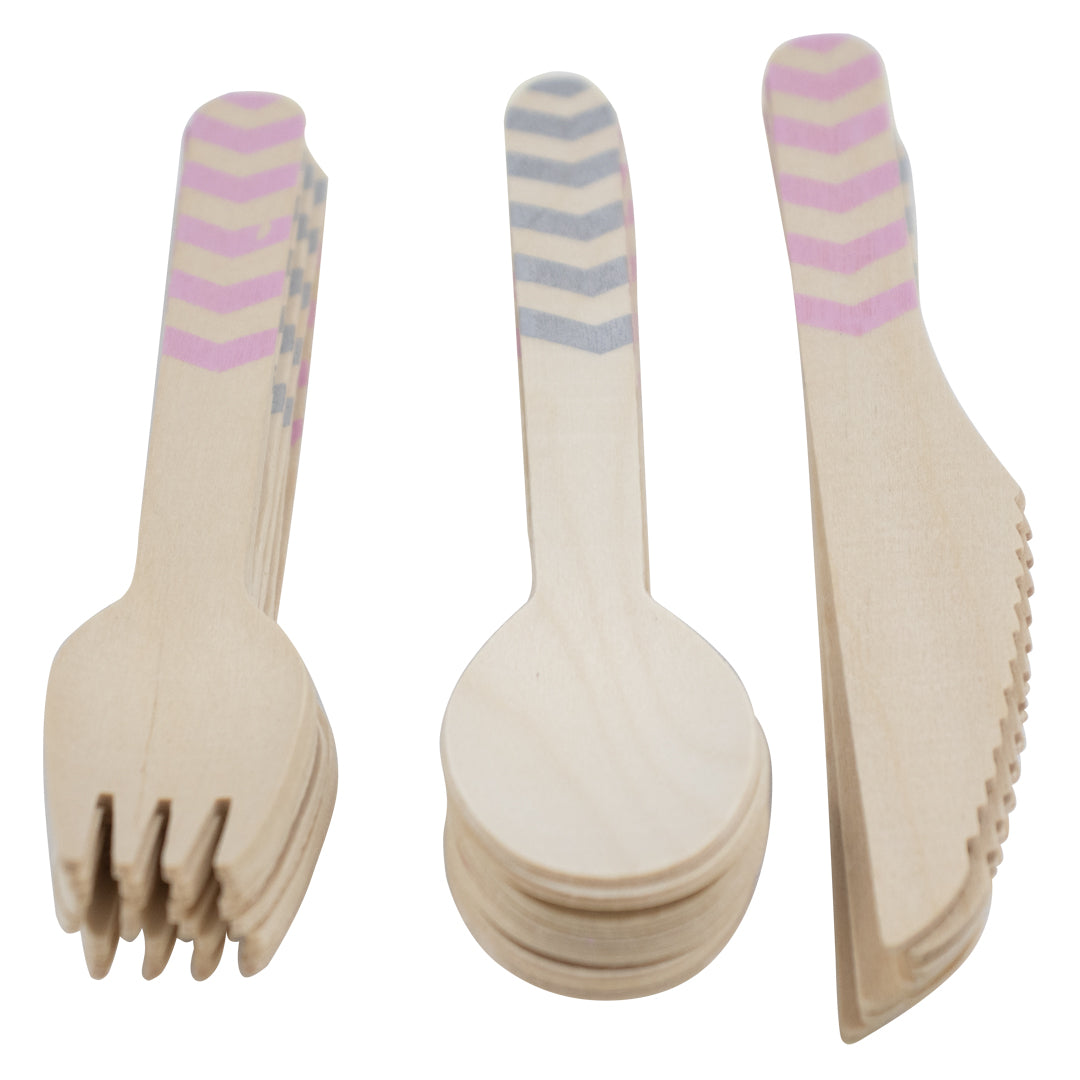 Set de Cubiertos de Madera para Fiesta Rosa Gris - 24 Piezas