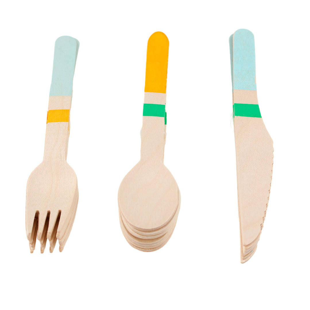 Set de Cubiertos de Madera para Fiesta Azul Verde - 24 Piezas