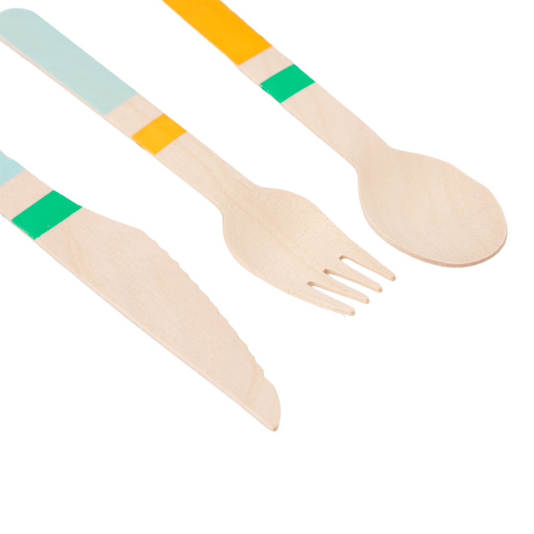 Set de Cubiertos de Madera para Fiesta Azul Verde - 24 Piezas