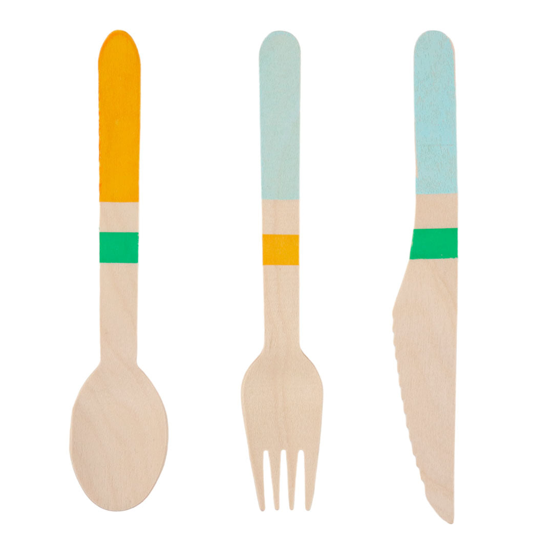 Set de Cubiertos de Madera para Fiesta Azul Verde - 24 Piezas