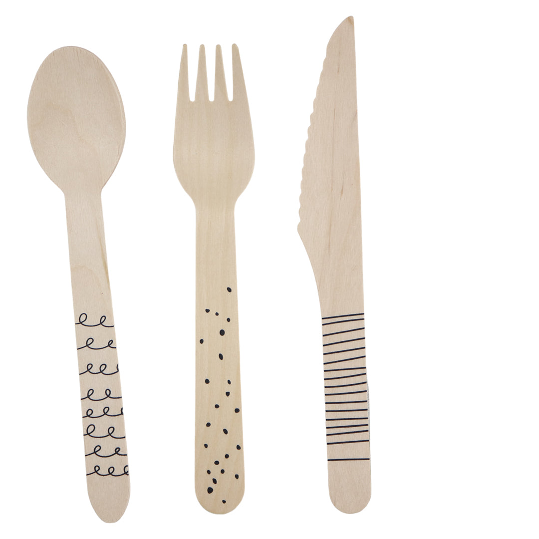 Set de Cubiertos de Madera para Fiesta Gráficos Negros - 24 Piezas
