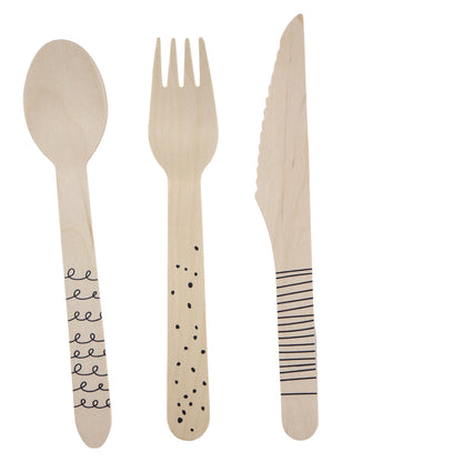 Set de Cubiertos de Madera para Fiesta Gráficos Negros - 24 Piezas